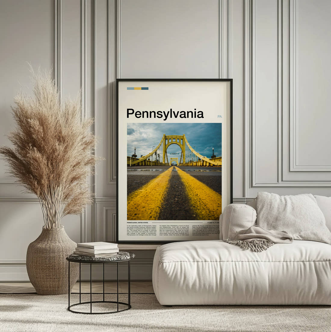 Pennsylvania Yellow Bridge Travel Print framed on the wall of a calm, neutral bedroom