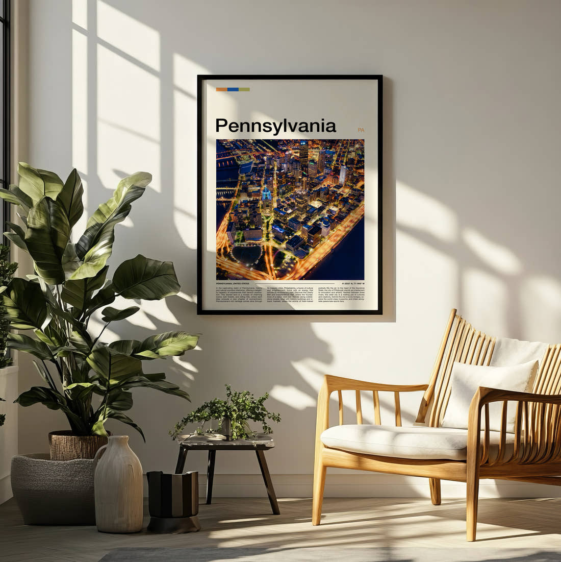 Pennsylvania Night Skyline From Above Travel Print framed on a pale wall beside houseplants