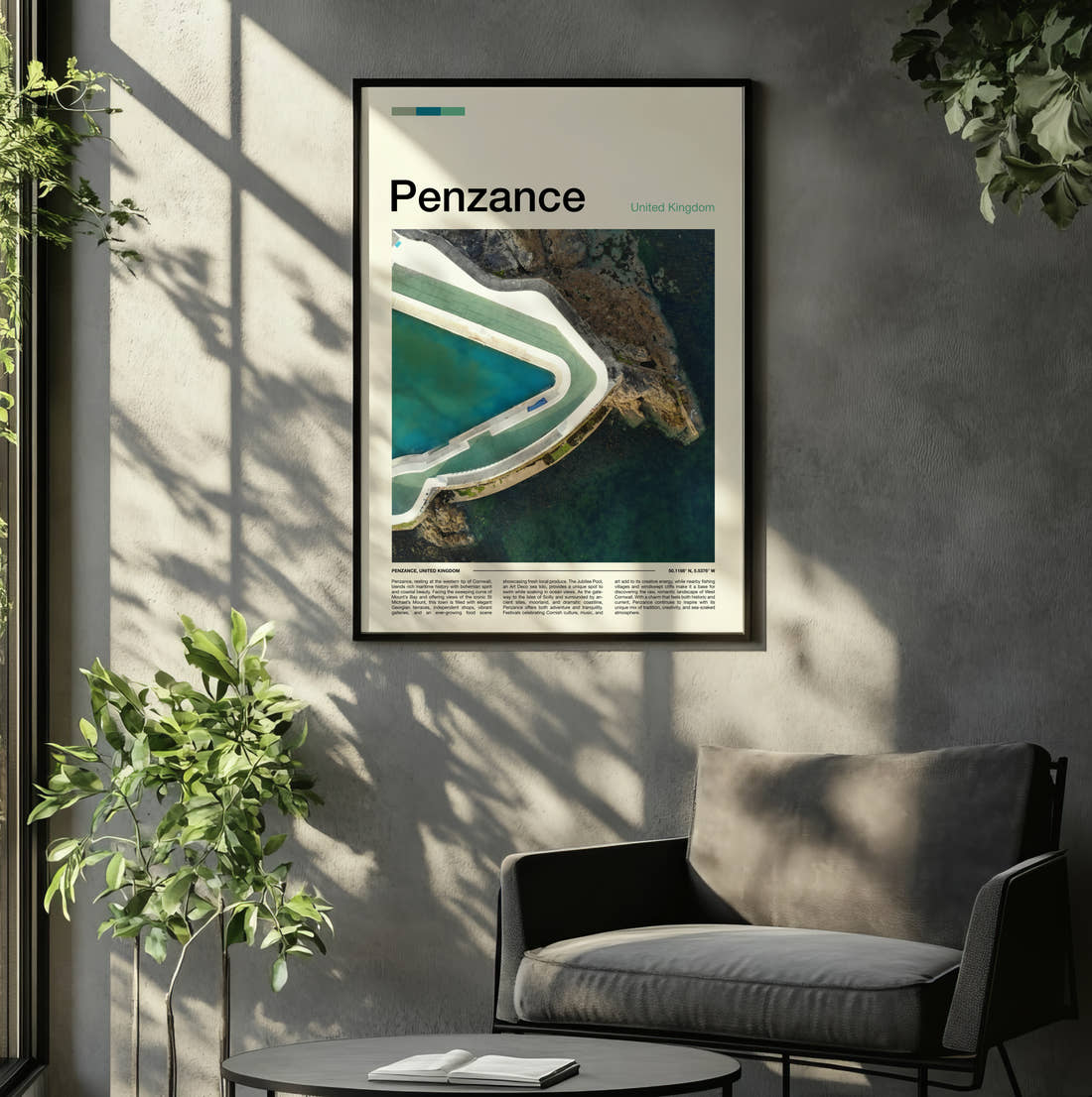 Penzance Jubilee Pool Travel Print framed on the wall of a relaxed living room