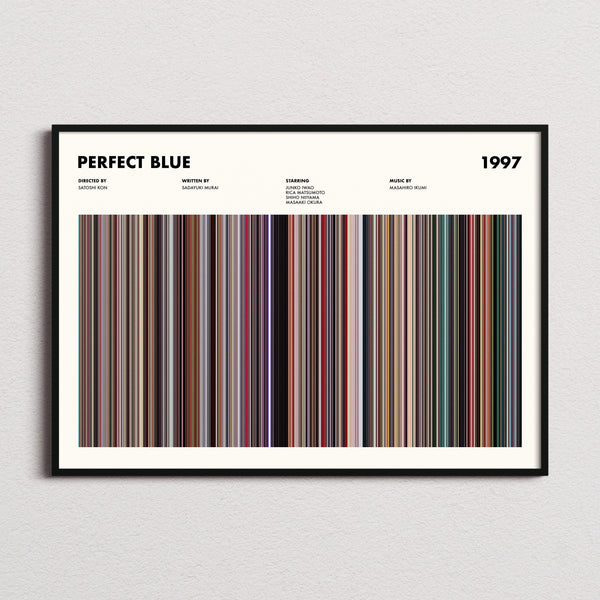 Perfect Blue Movie Barcode Poster framed and photographed straight on