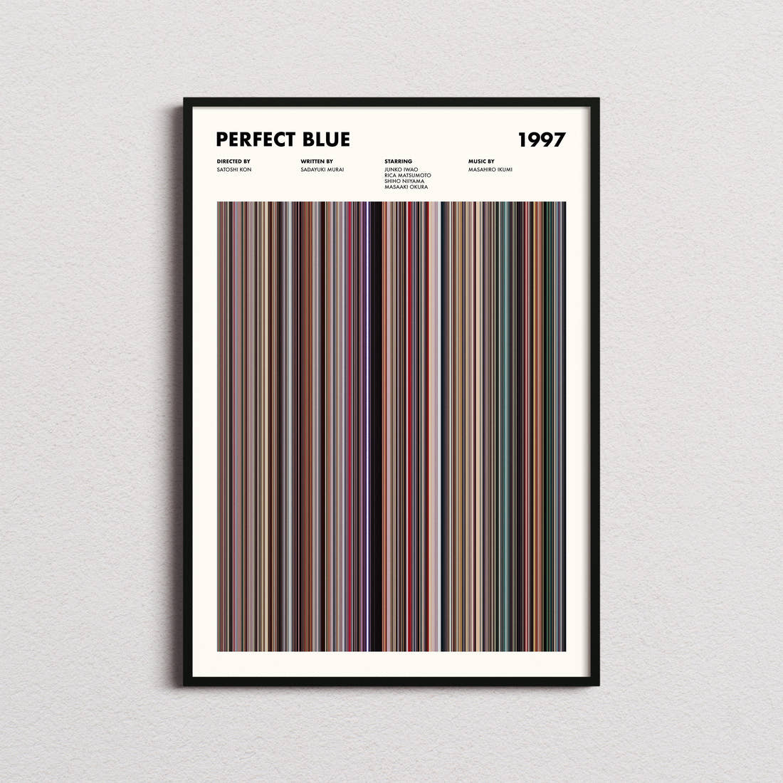 Perfect Blue Movie Barcode Poster framed on a plain studio wall