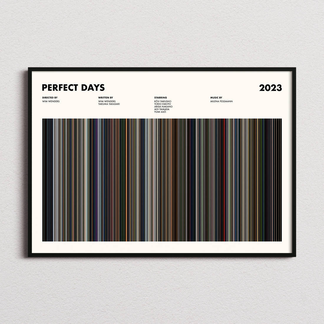 Perfect Days Movie Barcode Poster framed and photographed straight on