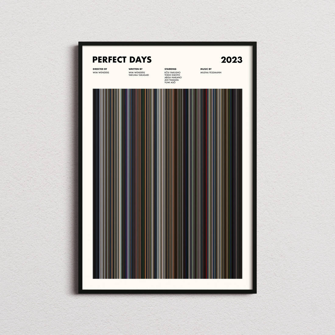 Perfect Days Movie Barcode Poster framed on a plain studio wall