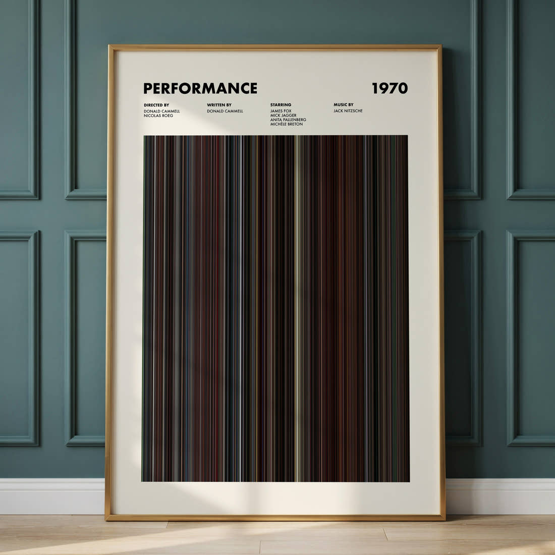 Performance Movie Barcode Poster framed and leaning against a panelled wall