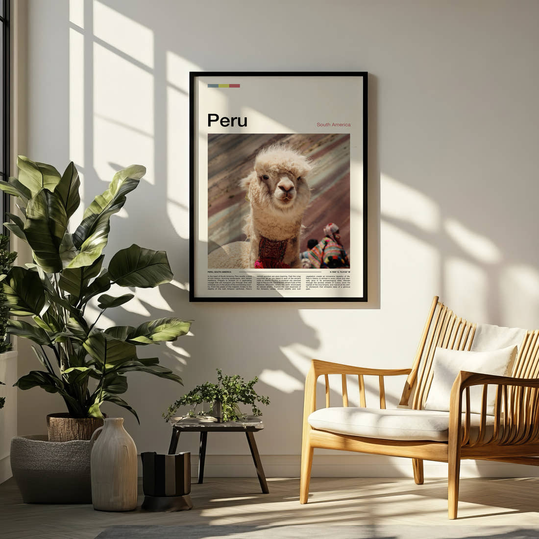 Peru Llama Close-Up Travel Print framed on a pale wall beside houseplants