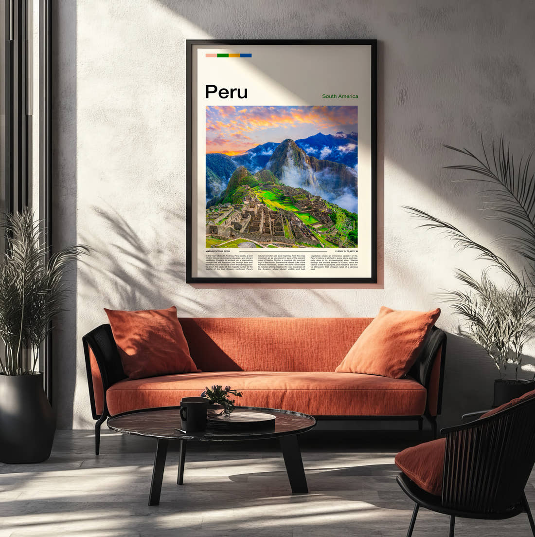 Peru Machu Picchu Travel Print framed on the wall of a modern living room