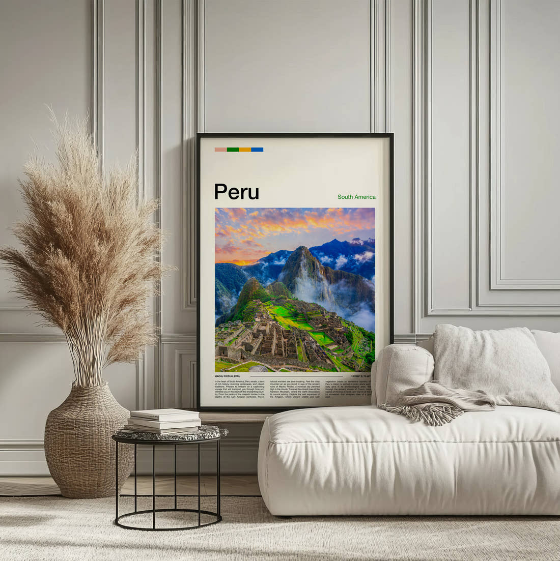 Peru Machu Picchu Travel Print framed on the wall of a calm, neutral bedroom