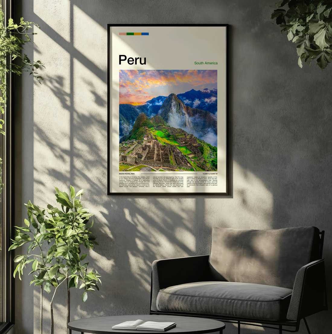 Peru Machu Picchu Travel Print framed on the wall of a relaxed living room