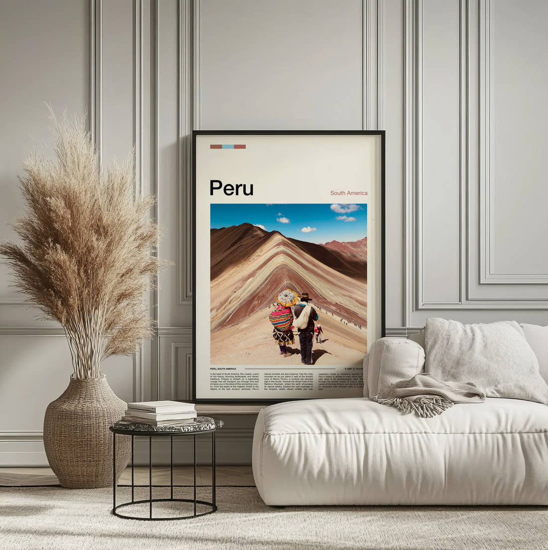 Peru Rainbow Mountain Travel Print framed on the wall of a calm, neutral bedroom