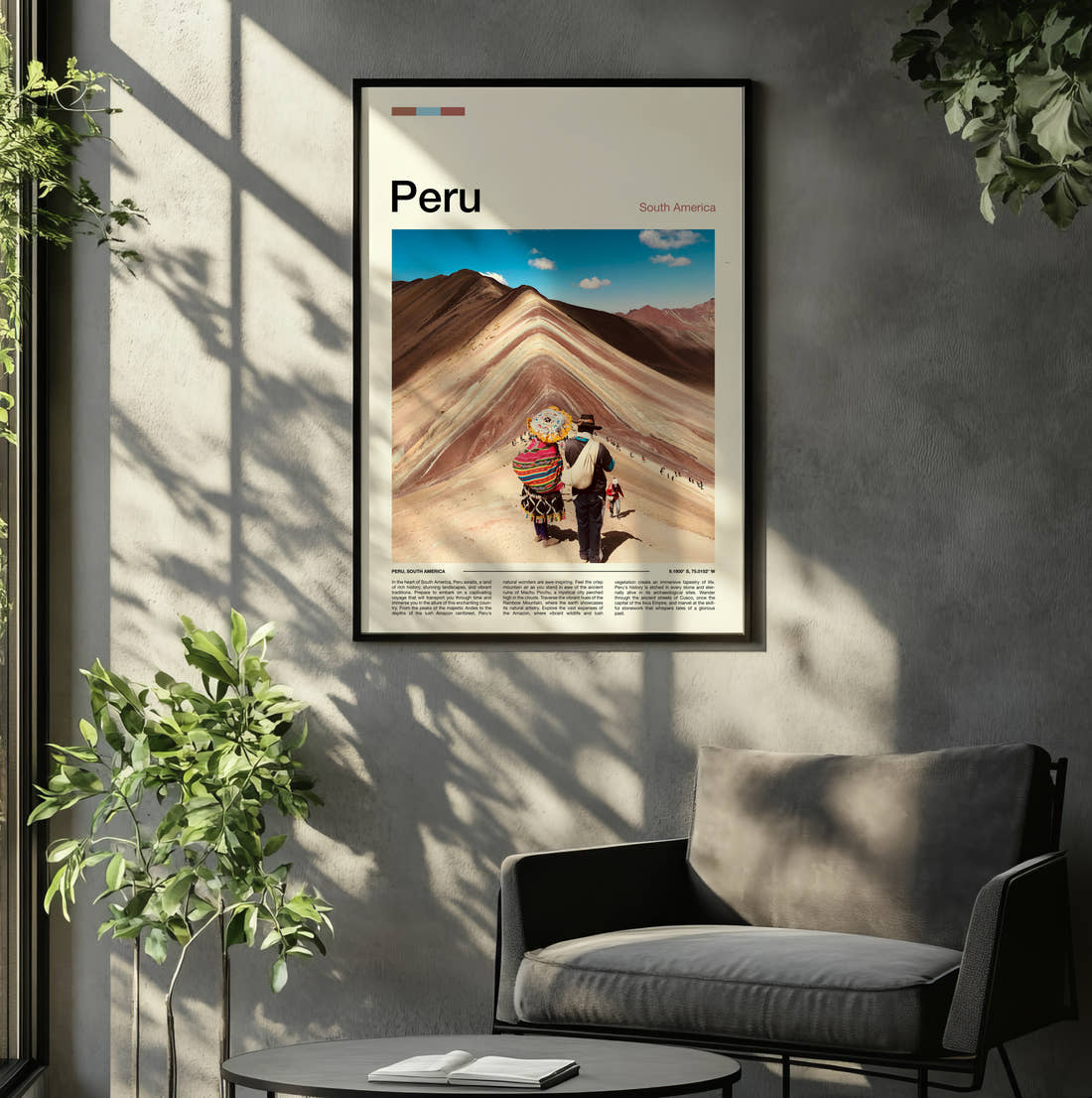 Peru Rainbow Mountain Travel Print framed on the wall of a relaxed living room