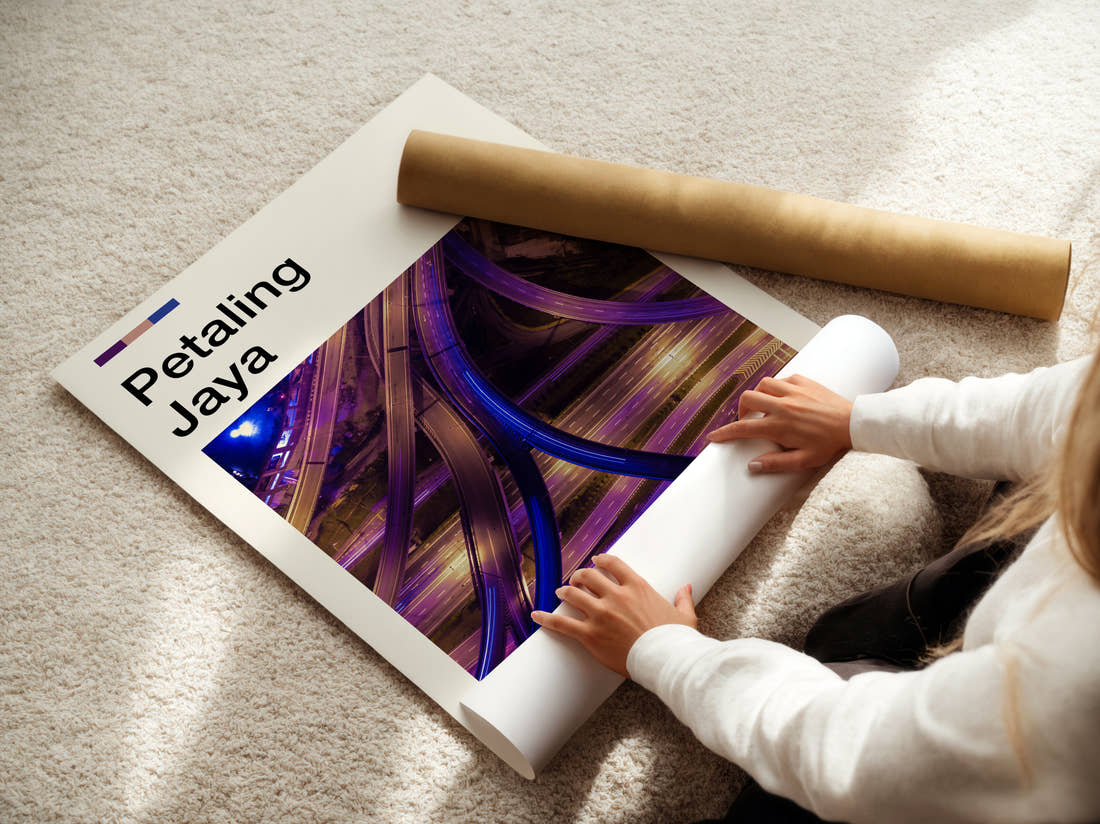 Petaling Highway Interchange At Night Travel Print being unrolled from its postal tube