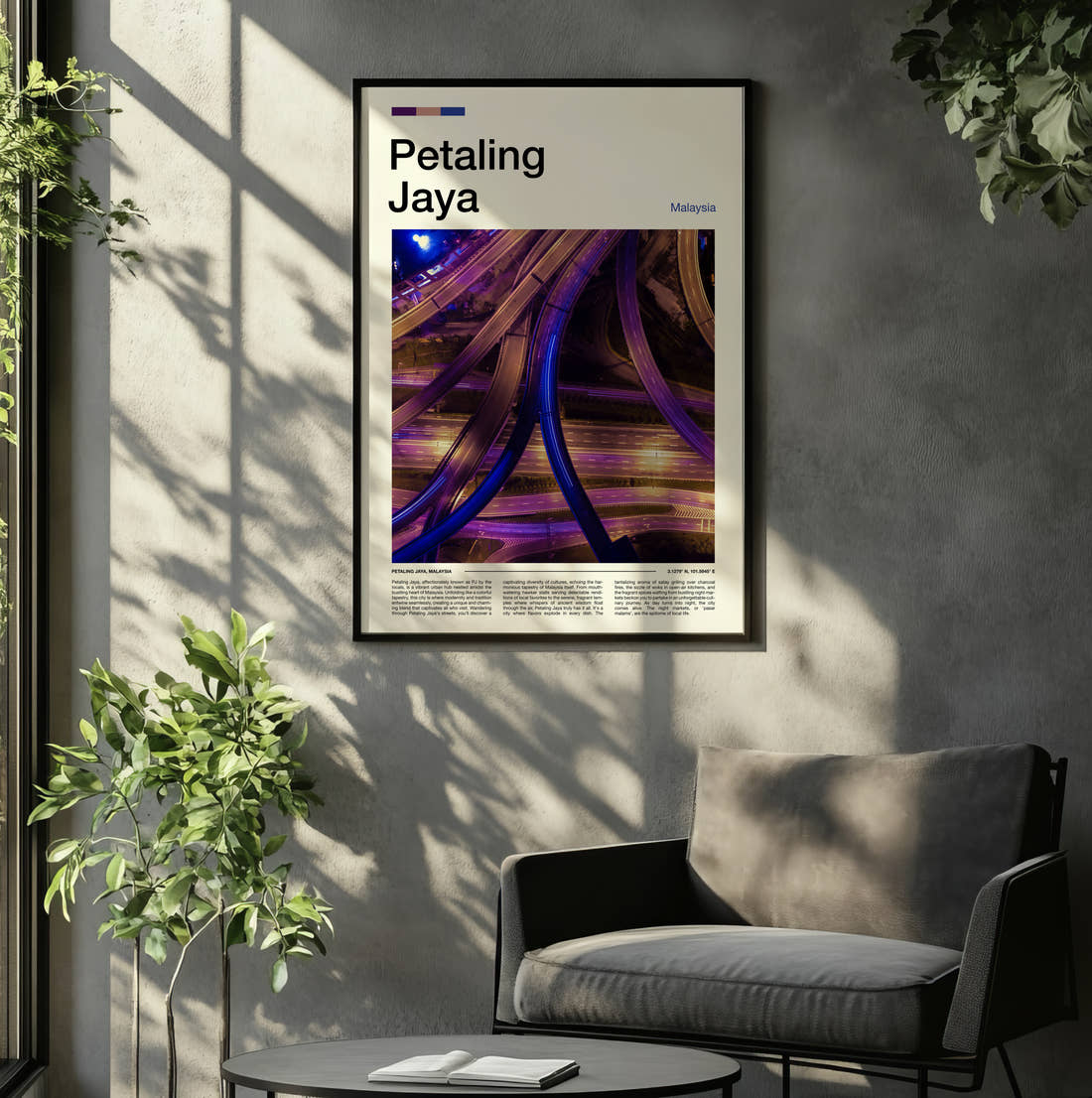 Petaling Highway Interchange At Night Travel Print framed on the wall of a relaxed living room