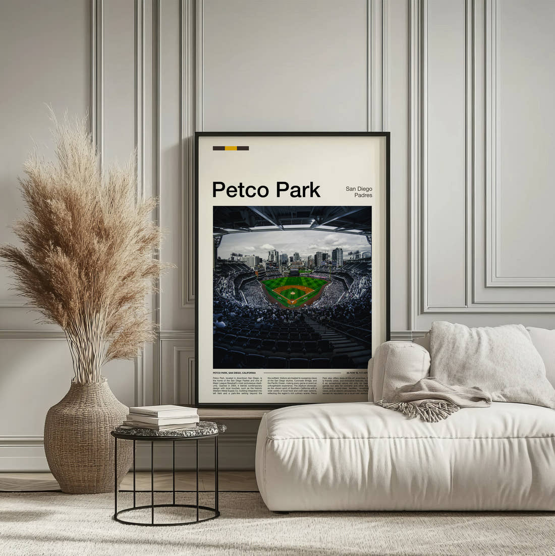 Petco Park Stadium Print framed on the wall of a calm, neutral bedroom