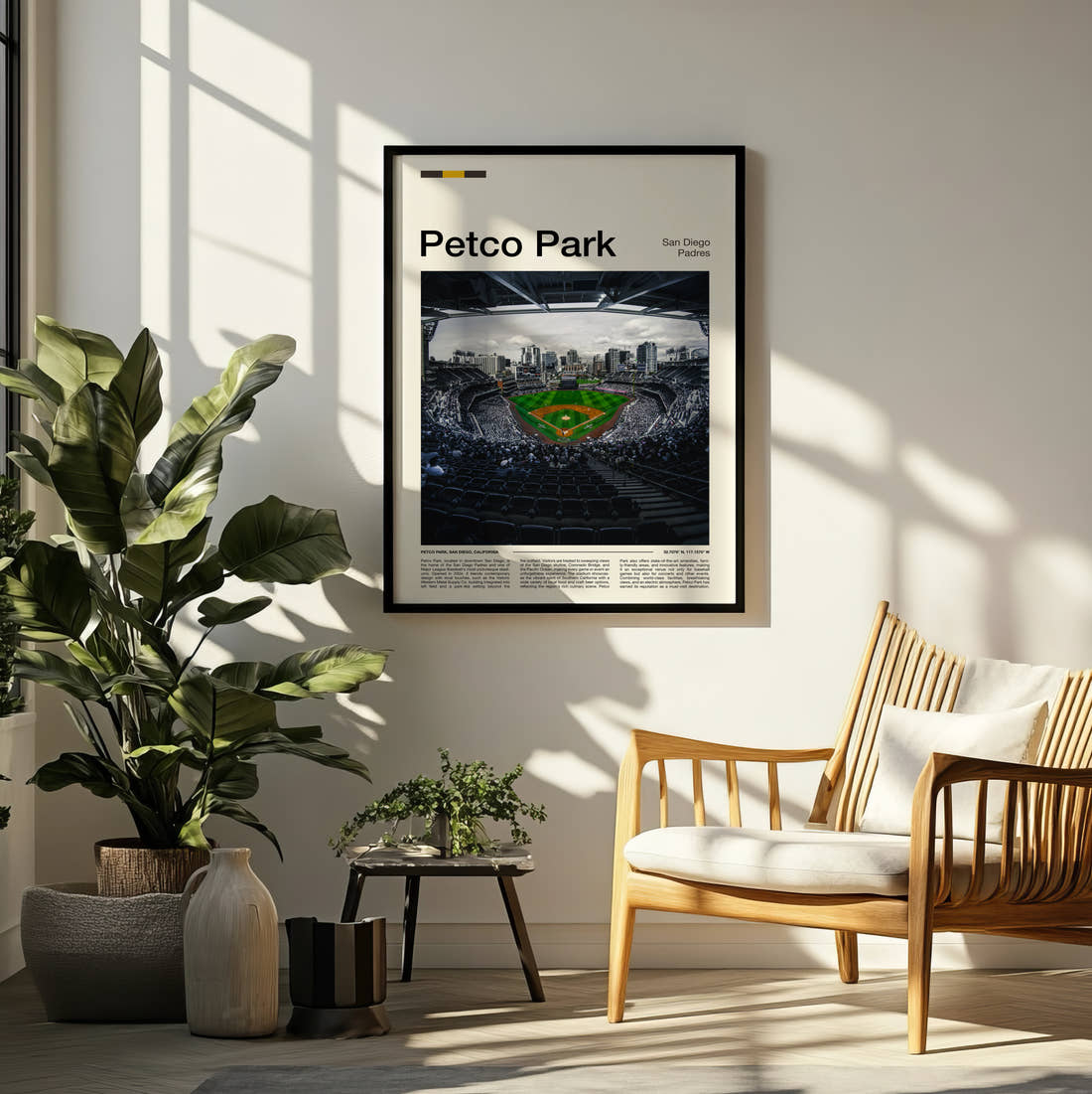 Petco Park Stadium Print framed on a pale wall beside houseplants