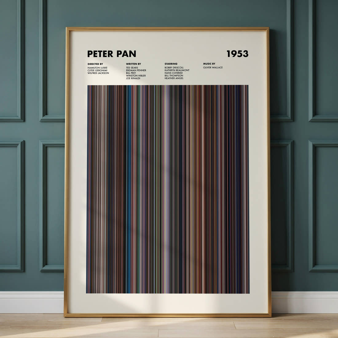 Peter Pan Movie Barcode Poster framed and leaning against a panelled wall