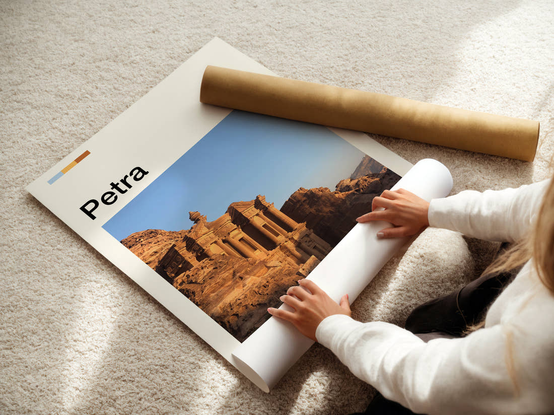 Petra The Monastery Travel Print being unrolled from its postal tube