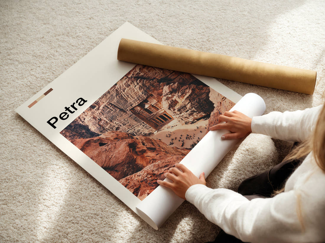 Petra The Treasury Travel Print being unrolled from its postal tube