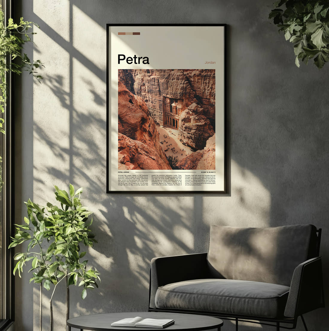Petra The Treasury Travel Print framed on the wall of a relaxed living room