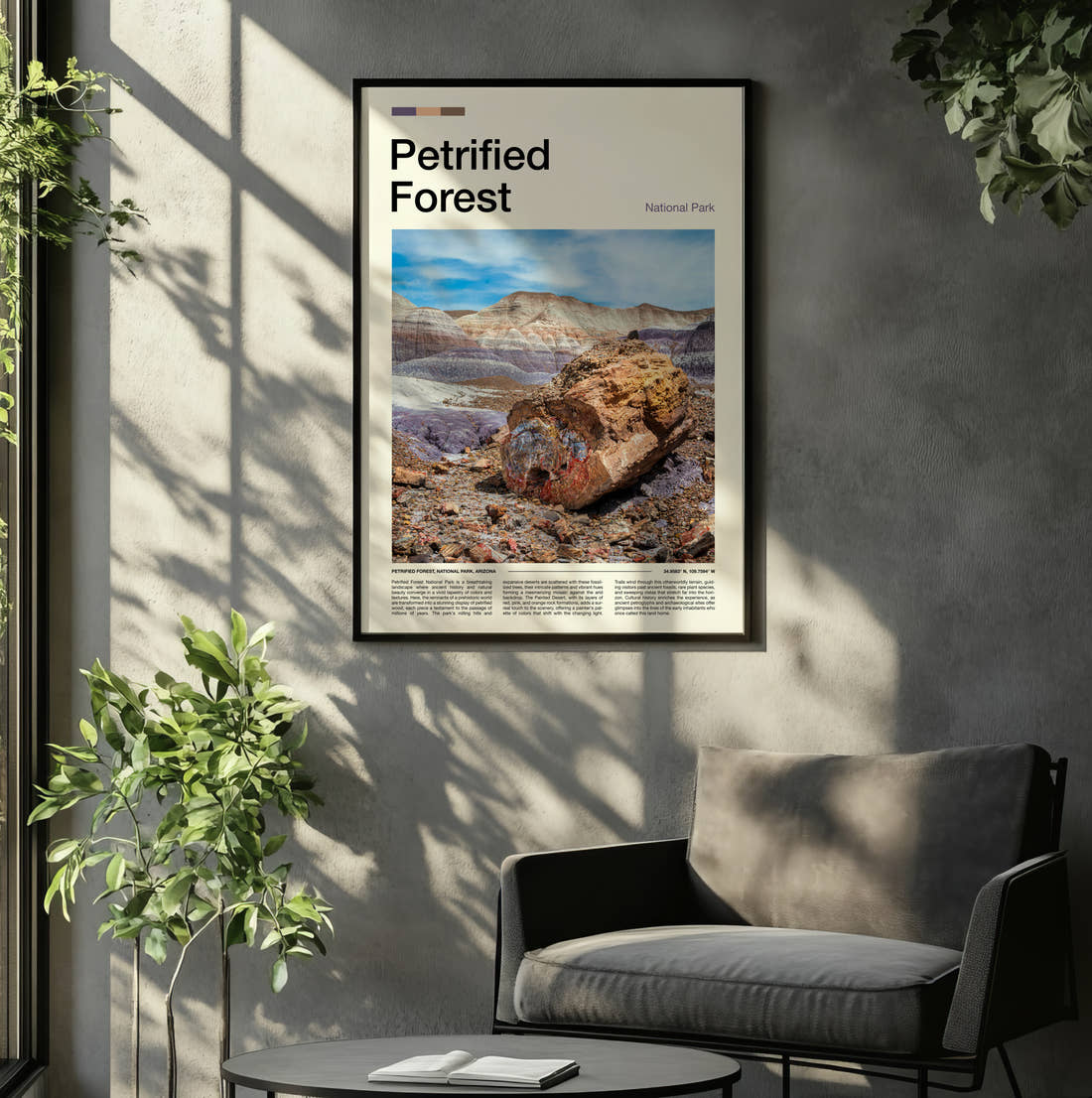 Petrified Forest Petrified Wood Travel Print framed on the wall of a relaxed living room