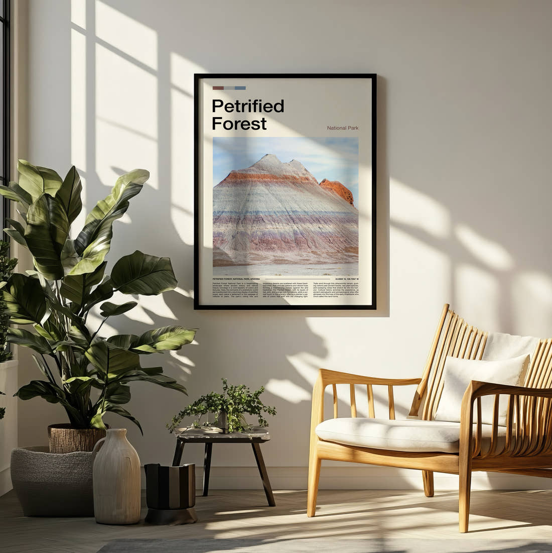 Petrified Forest Striped Badlands Hill Travel Print framed on a pale wall beside houseplants