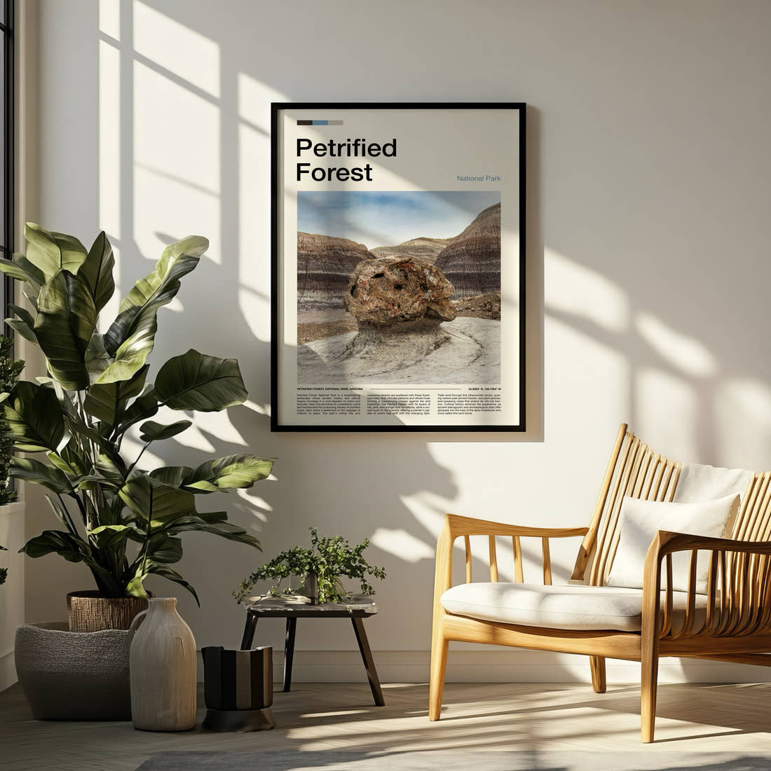 Petrified Forest Balanced Rock Travel Print framed on a pale wall beside houseplants