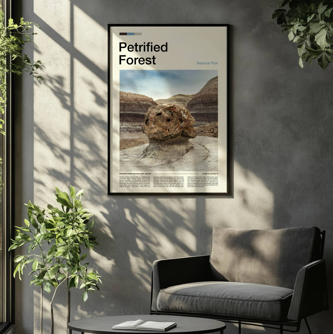 Petrified Forest Balanced Rock Travel Print framed on the wall of a relaxed living room