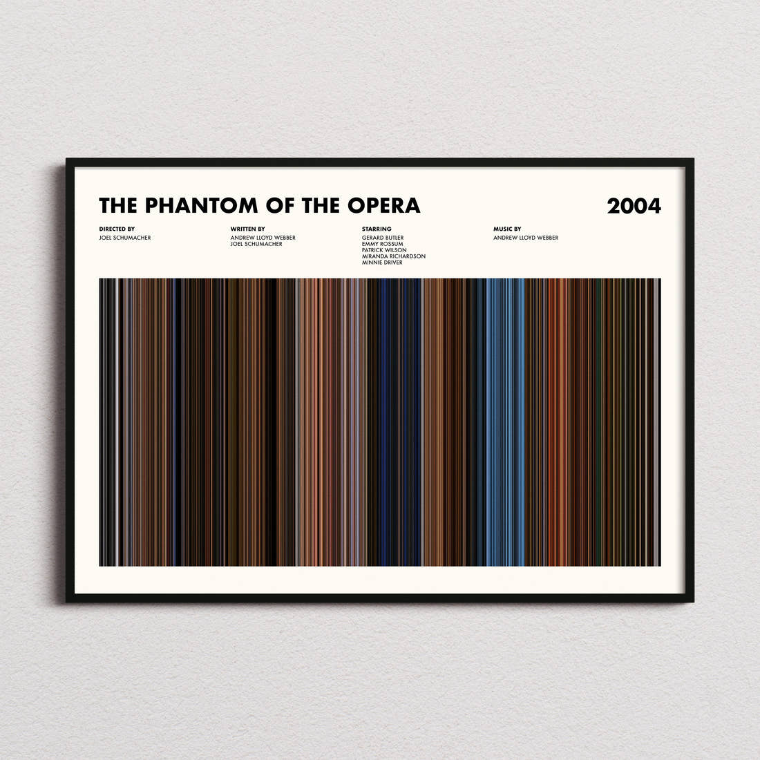 The Phantom of the Opera Movie Barcode Poster framed and photographed straight on