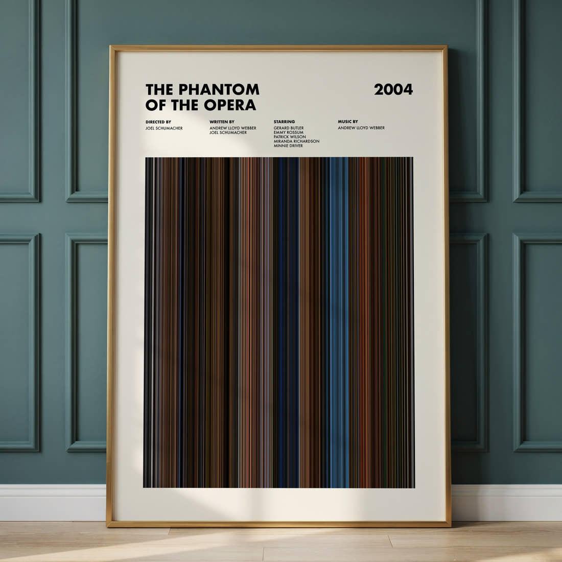 The Phantom of the Opera Movie Barcode Poster framed and leaning against a panelled wall