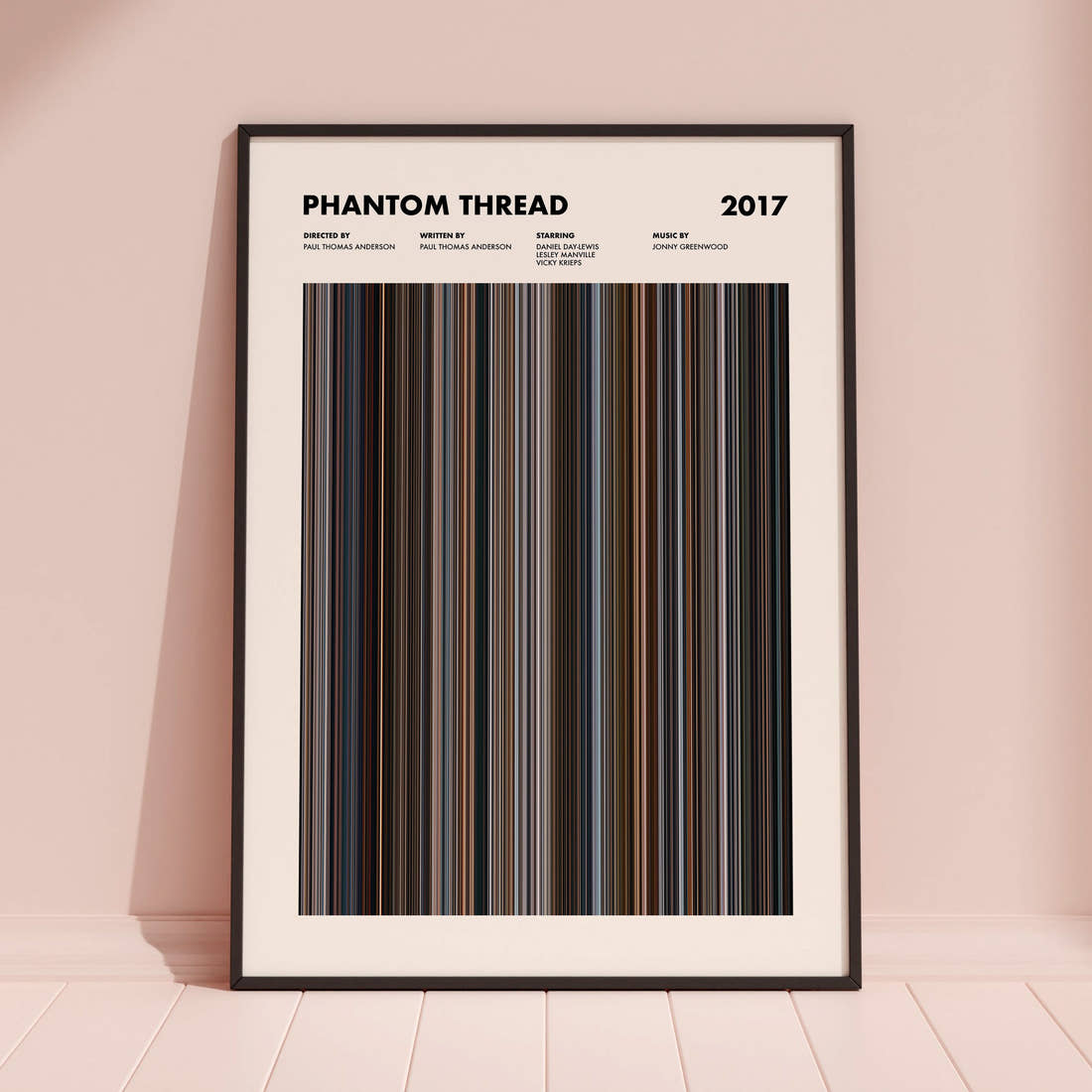 Phantom Thread Movie Barcode Poster framed and leaning against a coloured wall
