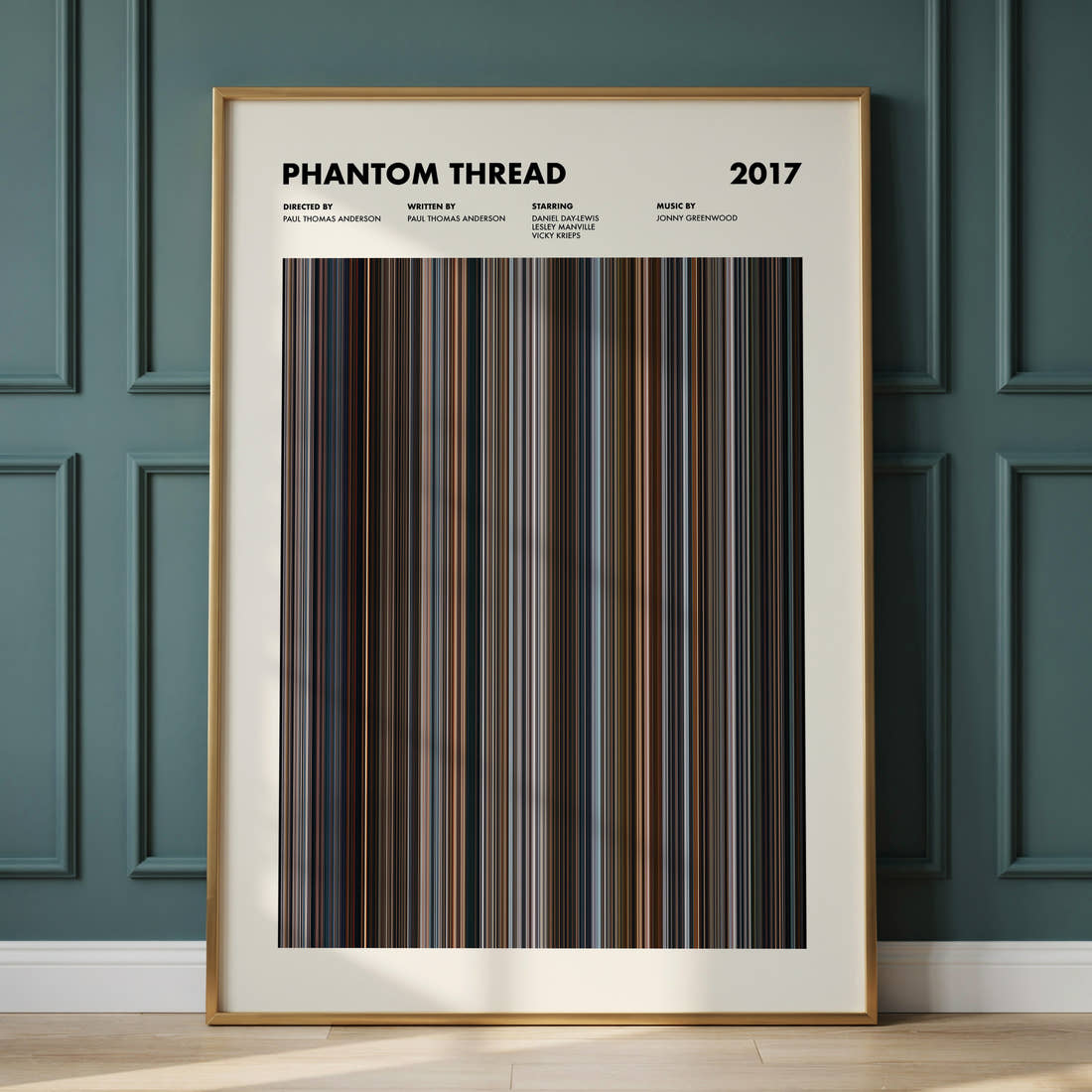 Phantom Thread Movie Barcode Poster framed and leaning against a panelled wall