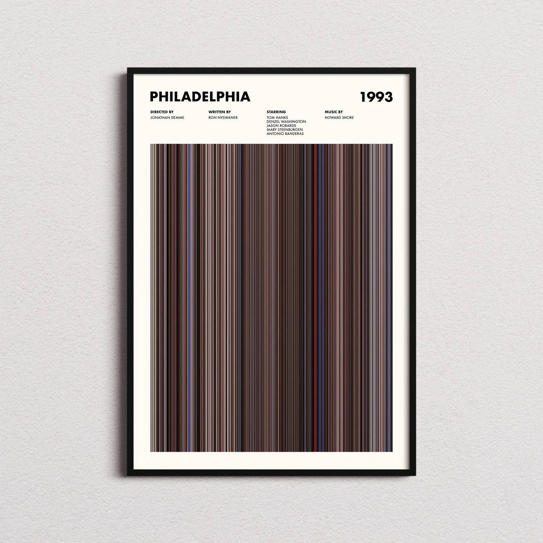 Philadelphia Movie Barcode Poster framed on a plain studio wall