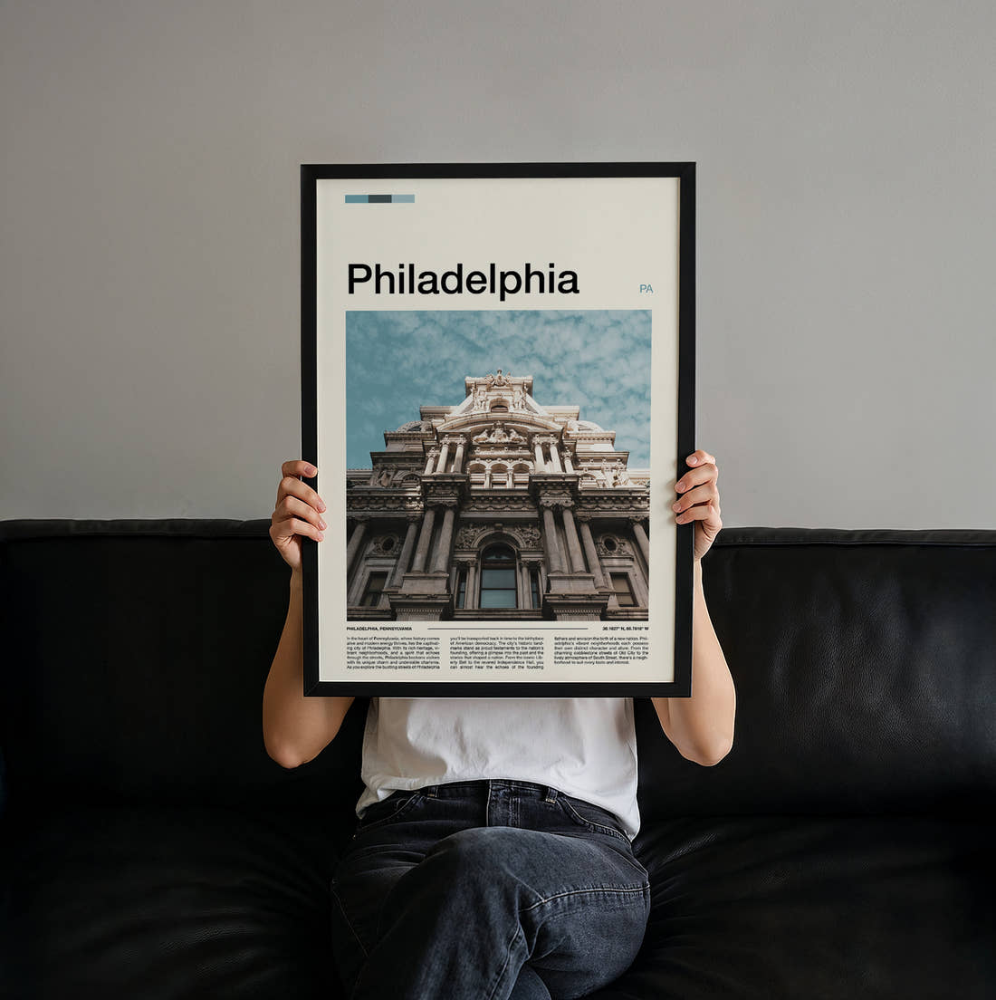 Philadelphia City Hall Travel Print held up by hand to show the size of the print