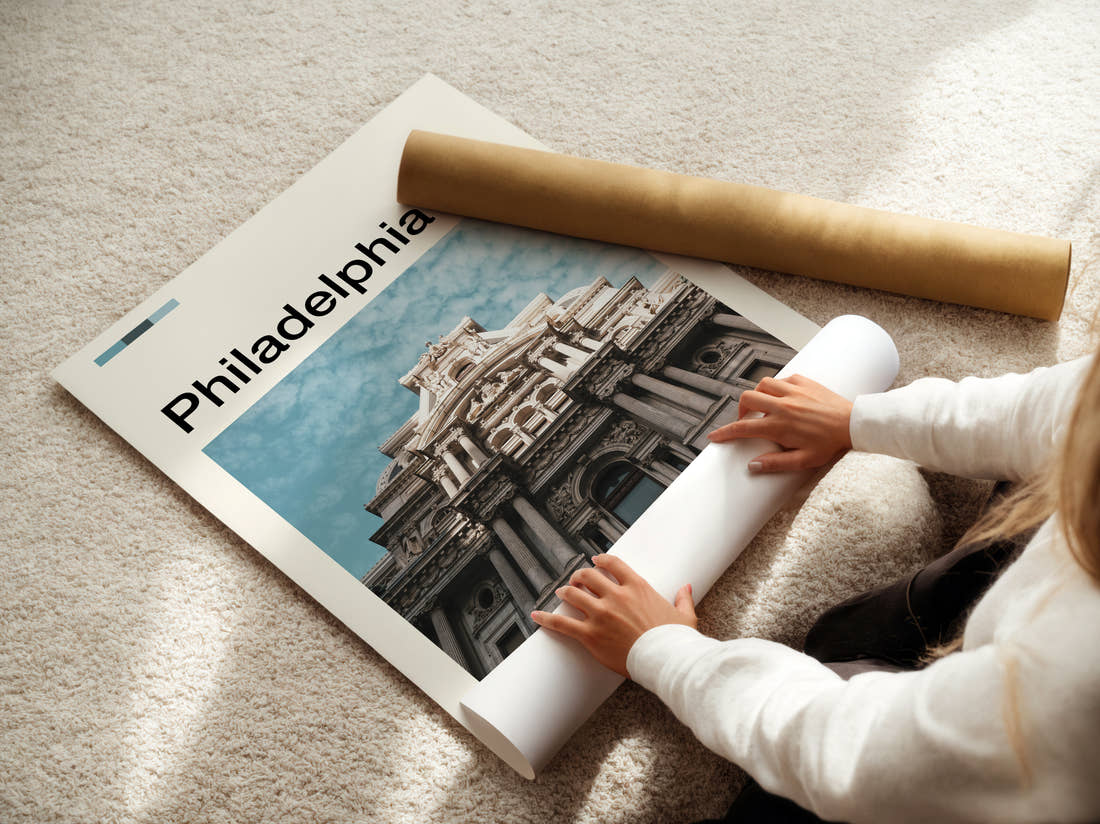 Philadelphia City Hall Travel Print being unrolled from its postal tube