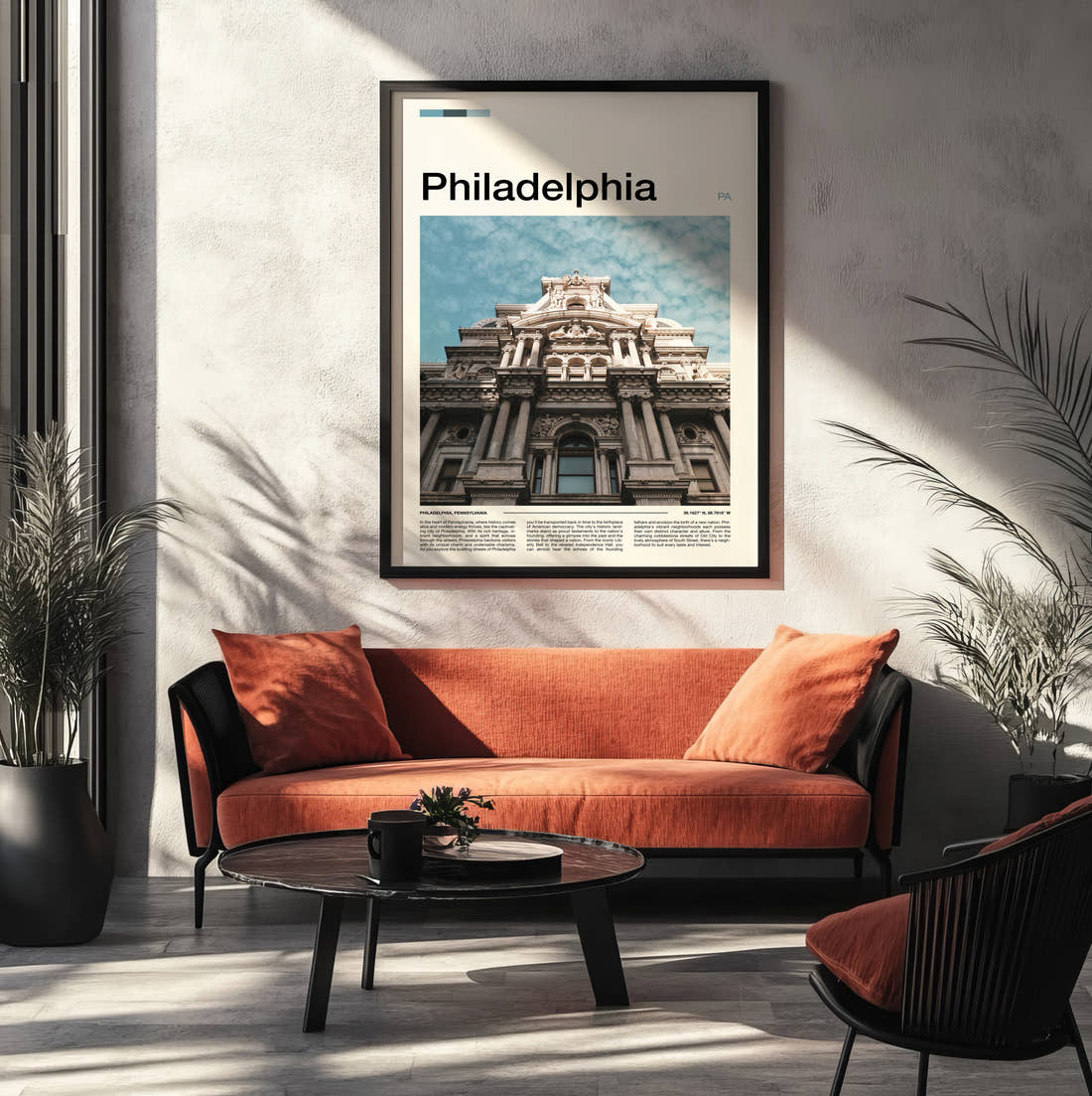 Philadelphia City Hall Travel Print framed on the wall of a modern living room