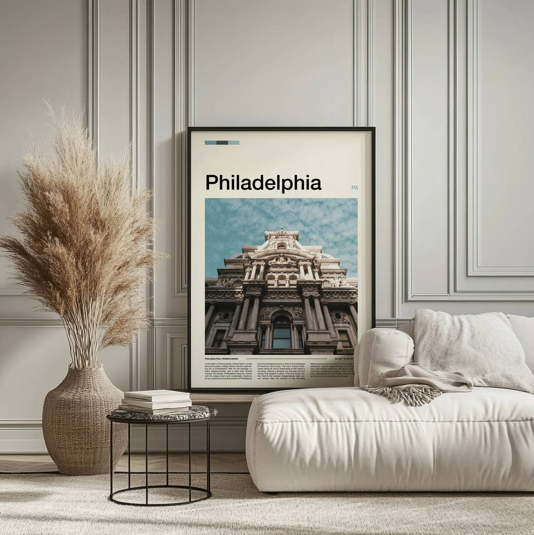Philadelphia City Hall Travel Print framed on the wall of a calm, neutral bedroom