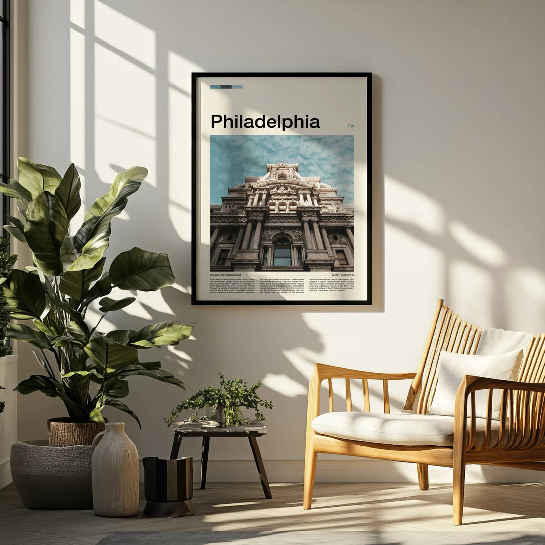 Philadelphia City Hall Travel Print framed on a pale wall beside houseplants