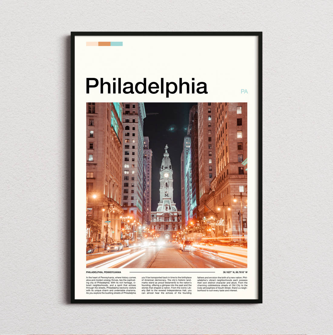 Philadelphia City Hall At Night Travel Print framed and photographed straight on