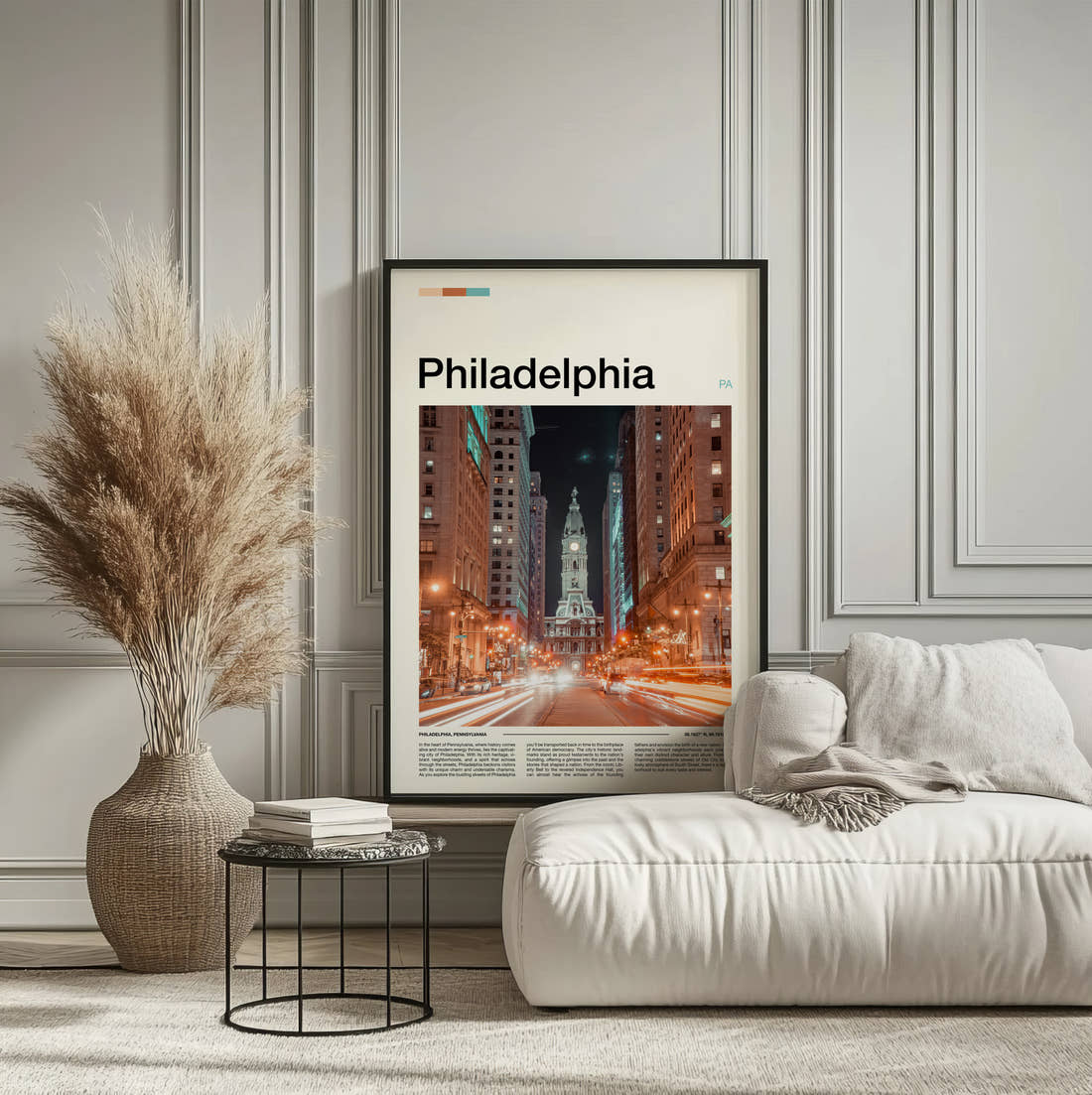 Philadelphia City Hall At Night Travel Print framed on the wall of a calm, neutral bedroom