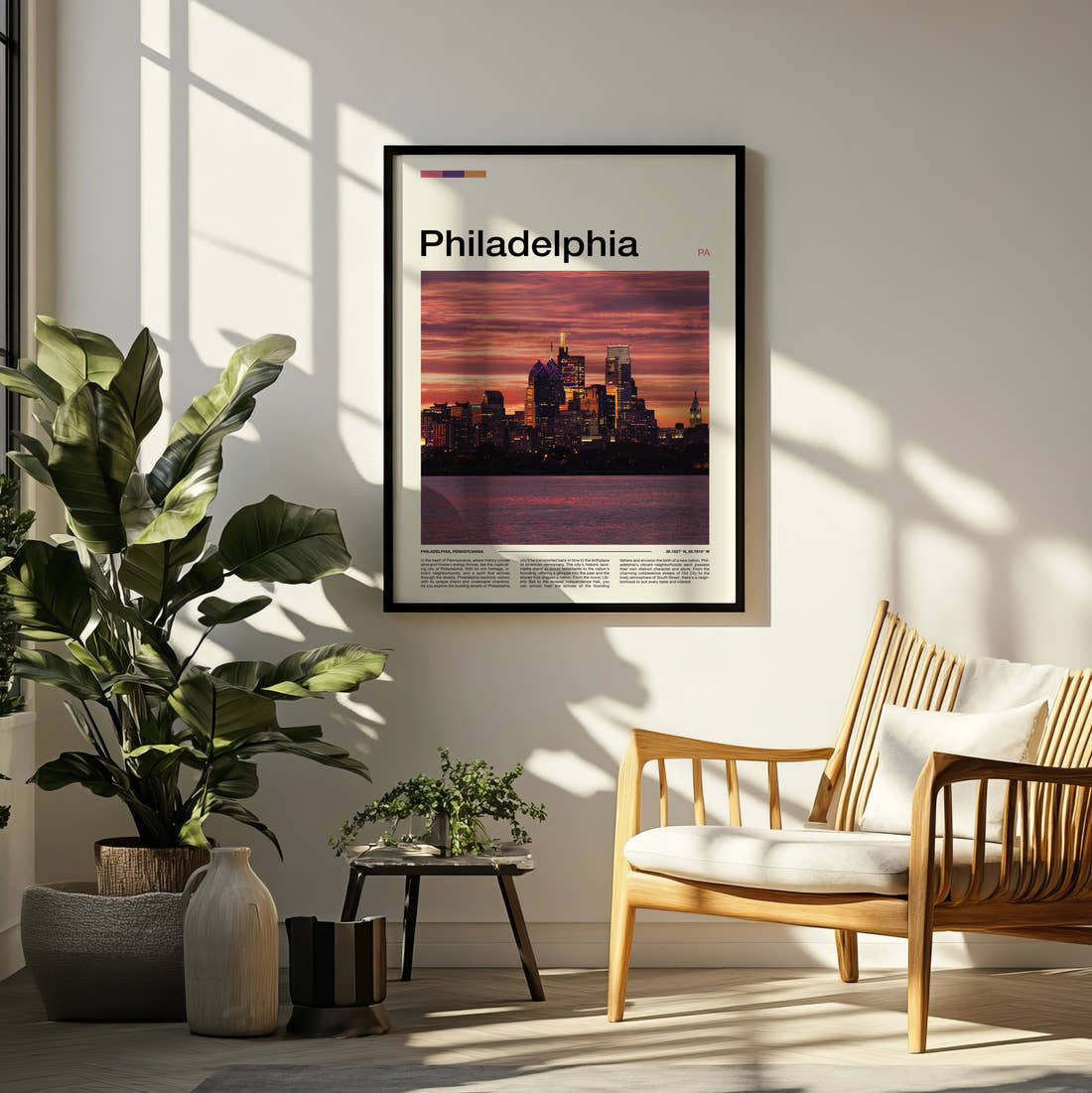 Philadelphia Skyline At Dusk Travel Print framed on a pale wall beside houseplants