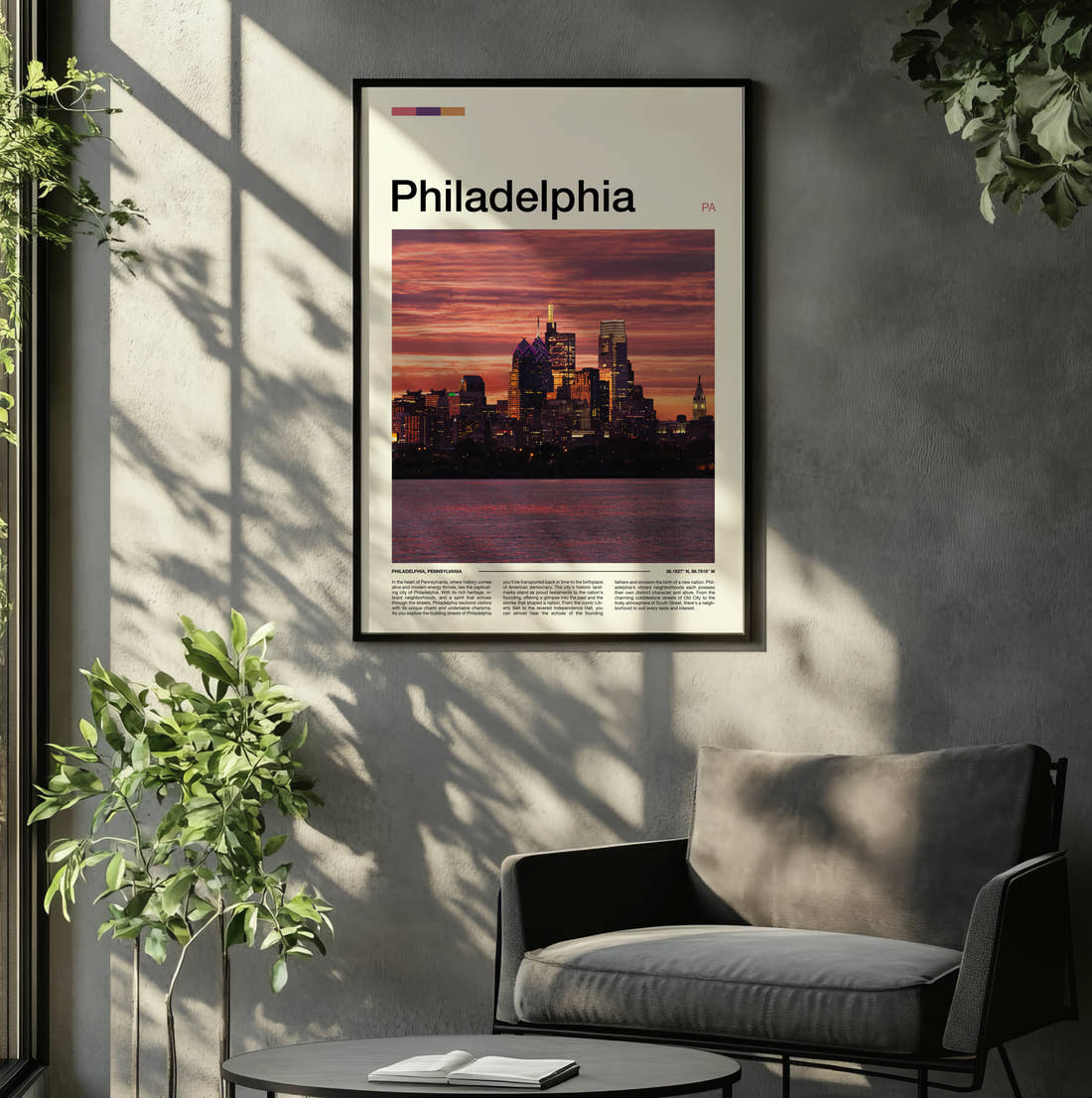 Philadelphia Skyline At Dusk Travel Print framed on the wall of a relaxed living room