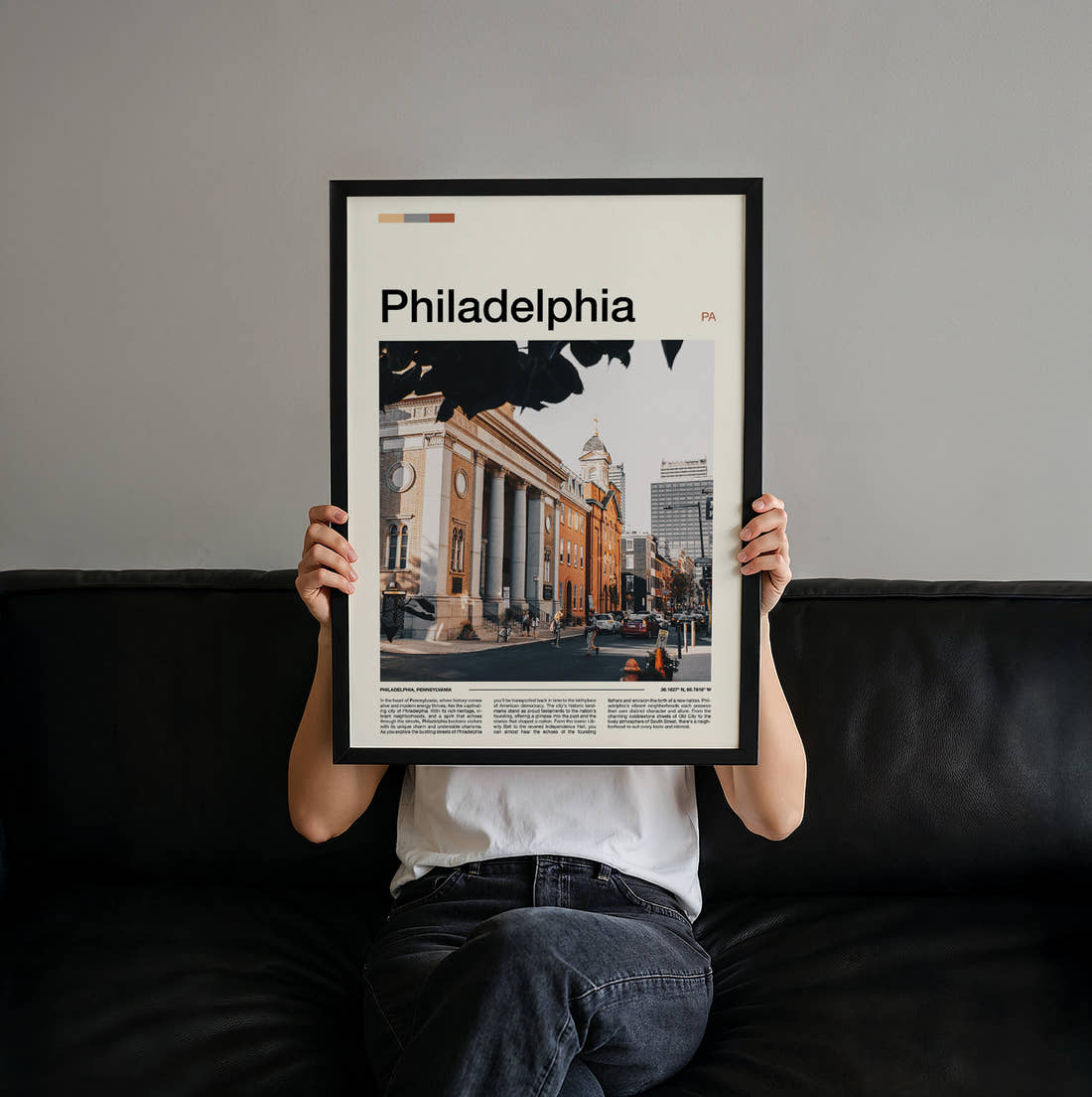 Philadelphia Neoclassical Building Travel Print held up by hand to show the size of the print