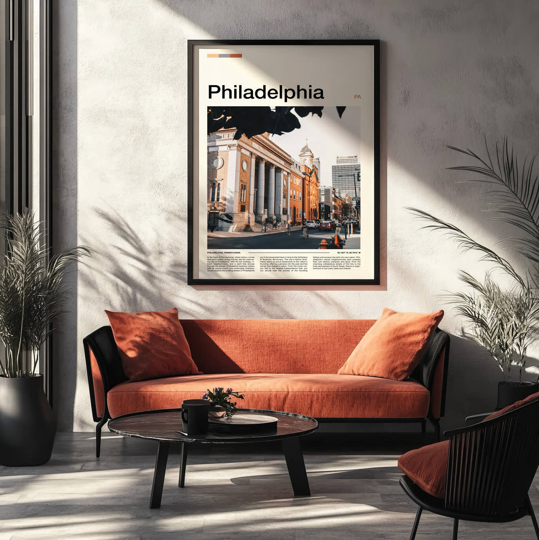 Philadelphia Neoclassical Building Travel Print framed on the wall of a modern living room