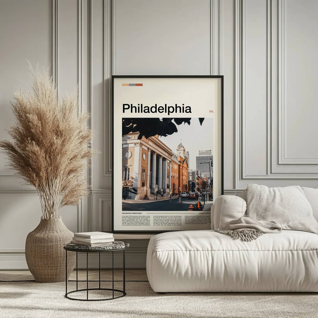 Philadelphia Neoclassical Building Travel Print framed on the wall of a calm, neutral bedroom