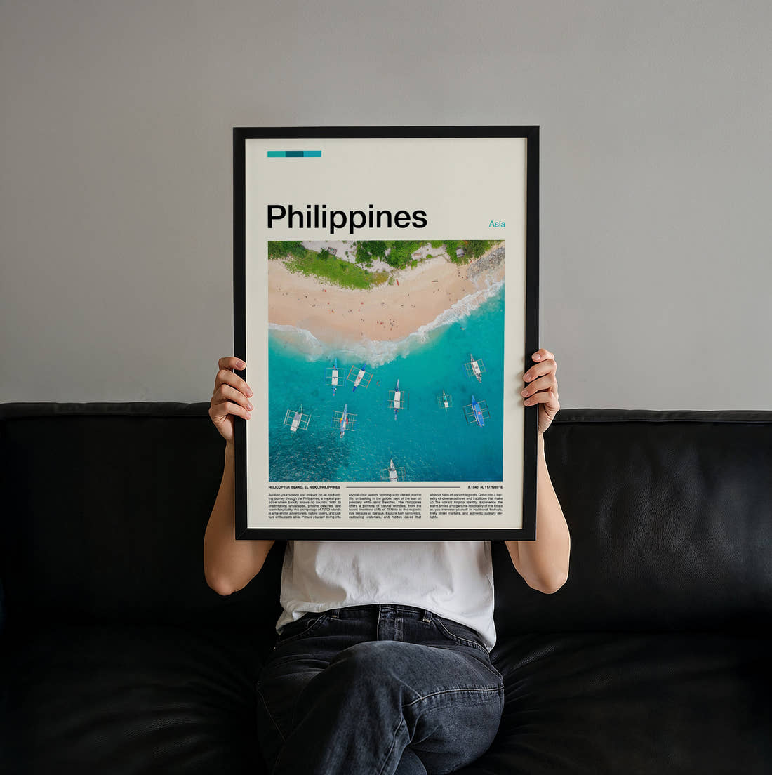 Philippines Aerial View Of Beach Travel Print held up by hand to show the size of the print