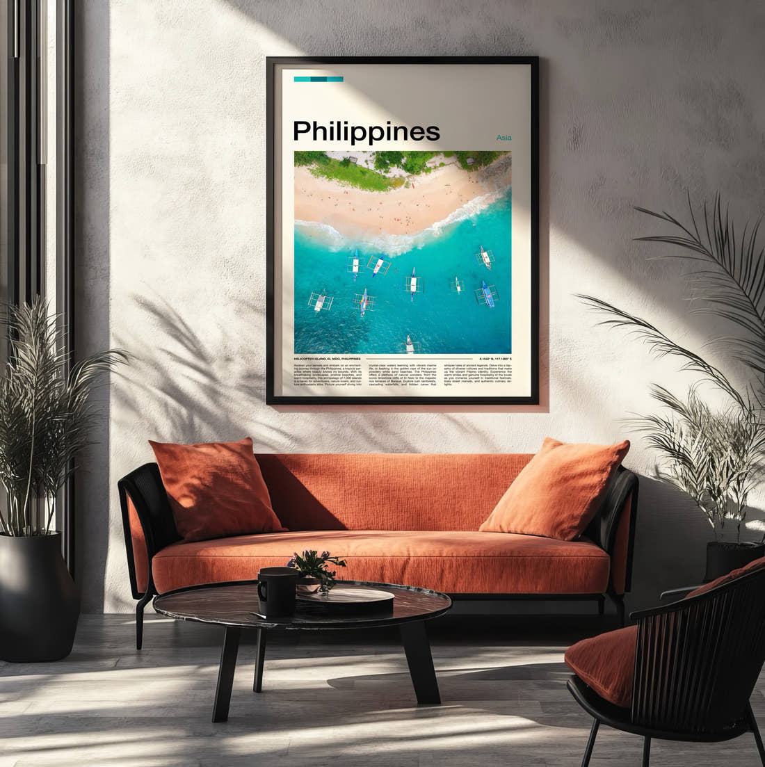 Philippines Aerial View Of Beach Travel Print framed on the wall of a modern living room