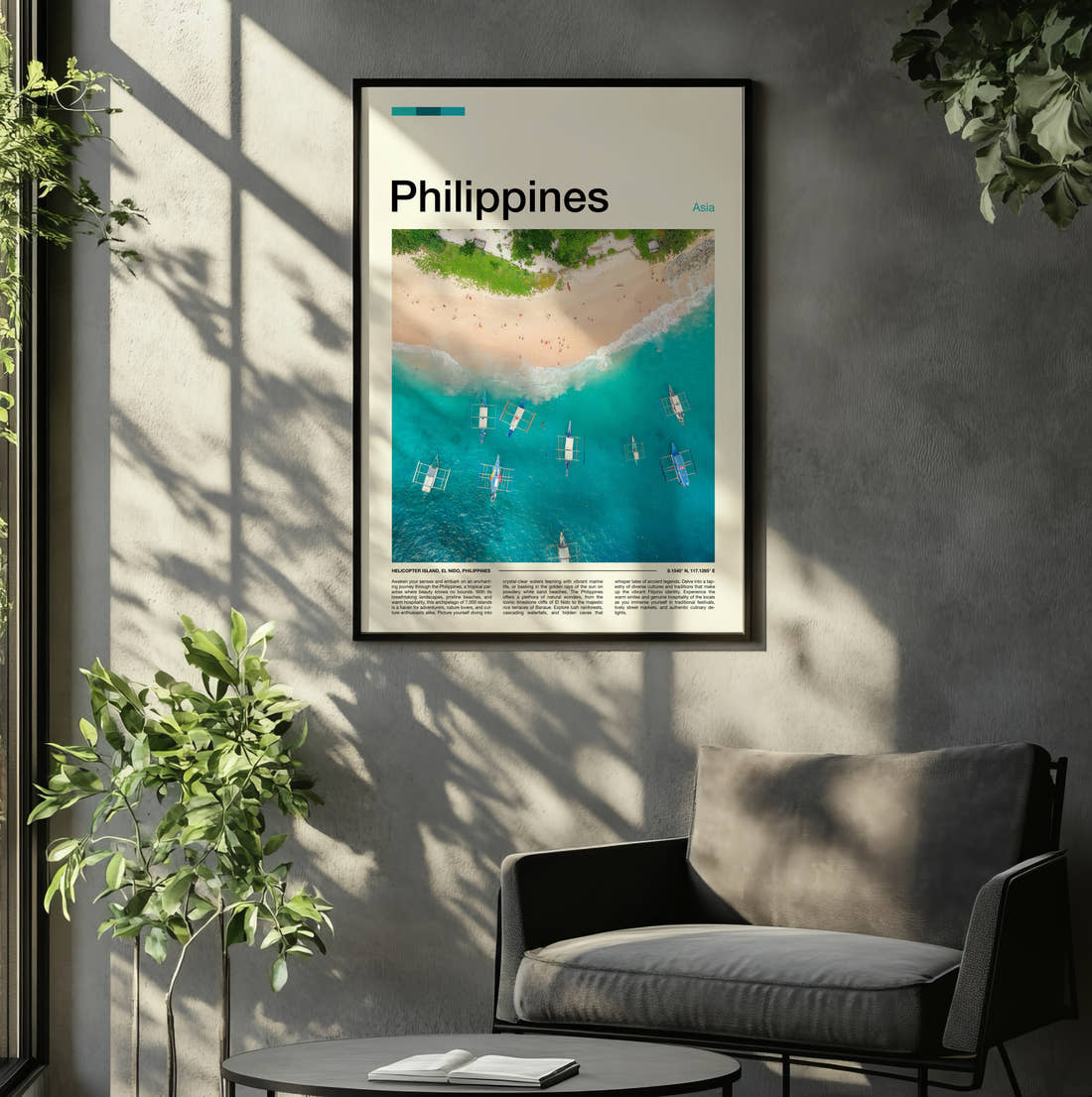 Philippines Aerial View Of Beach Travel Print framed on the wall of a relaxed living room