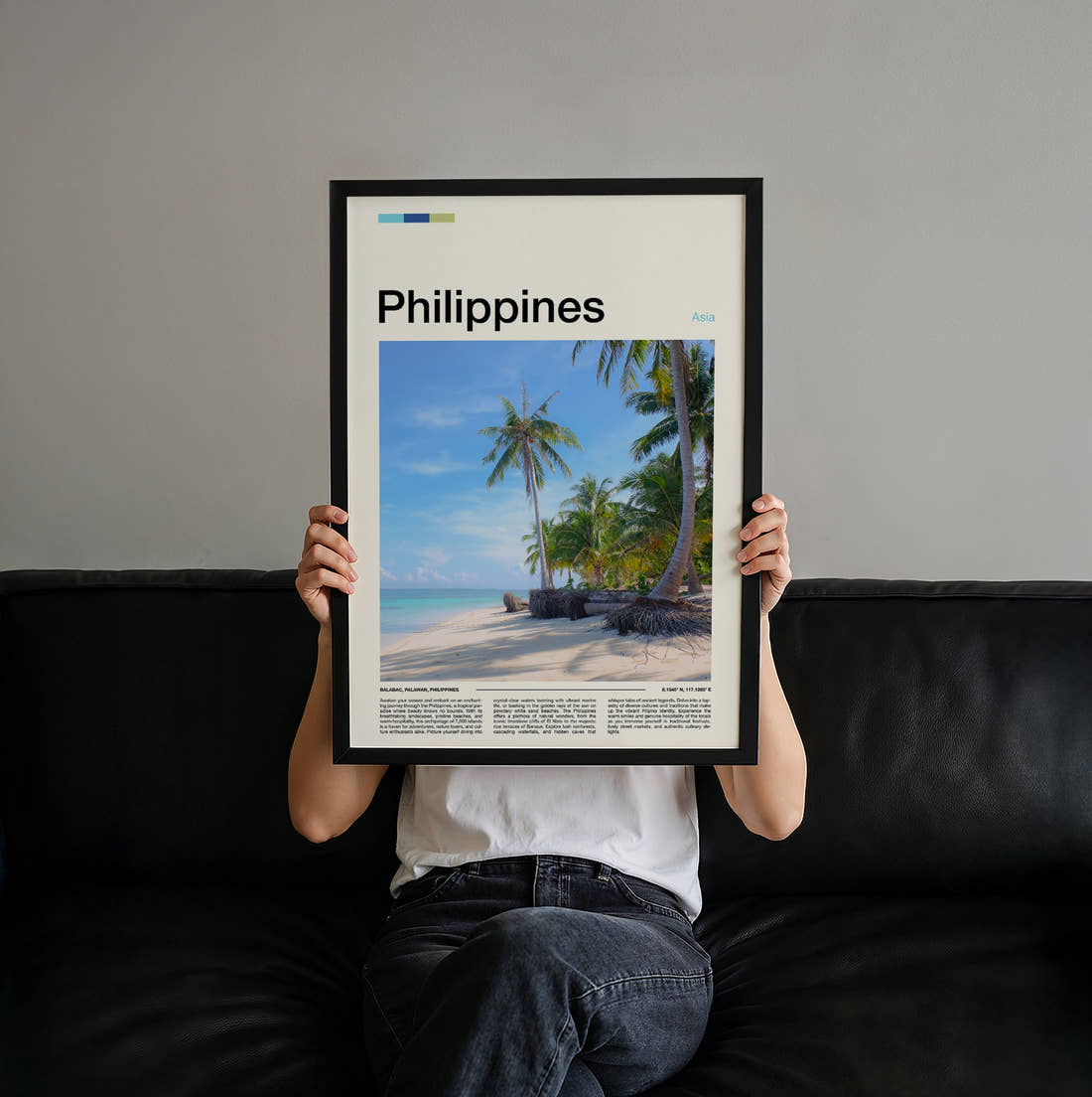 Philippines Palm Trees On The Beach Travel Print held up by hand to show the size of the print