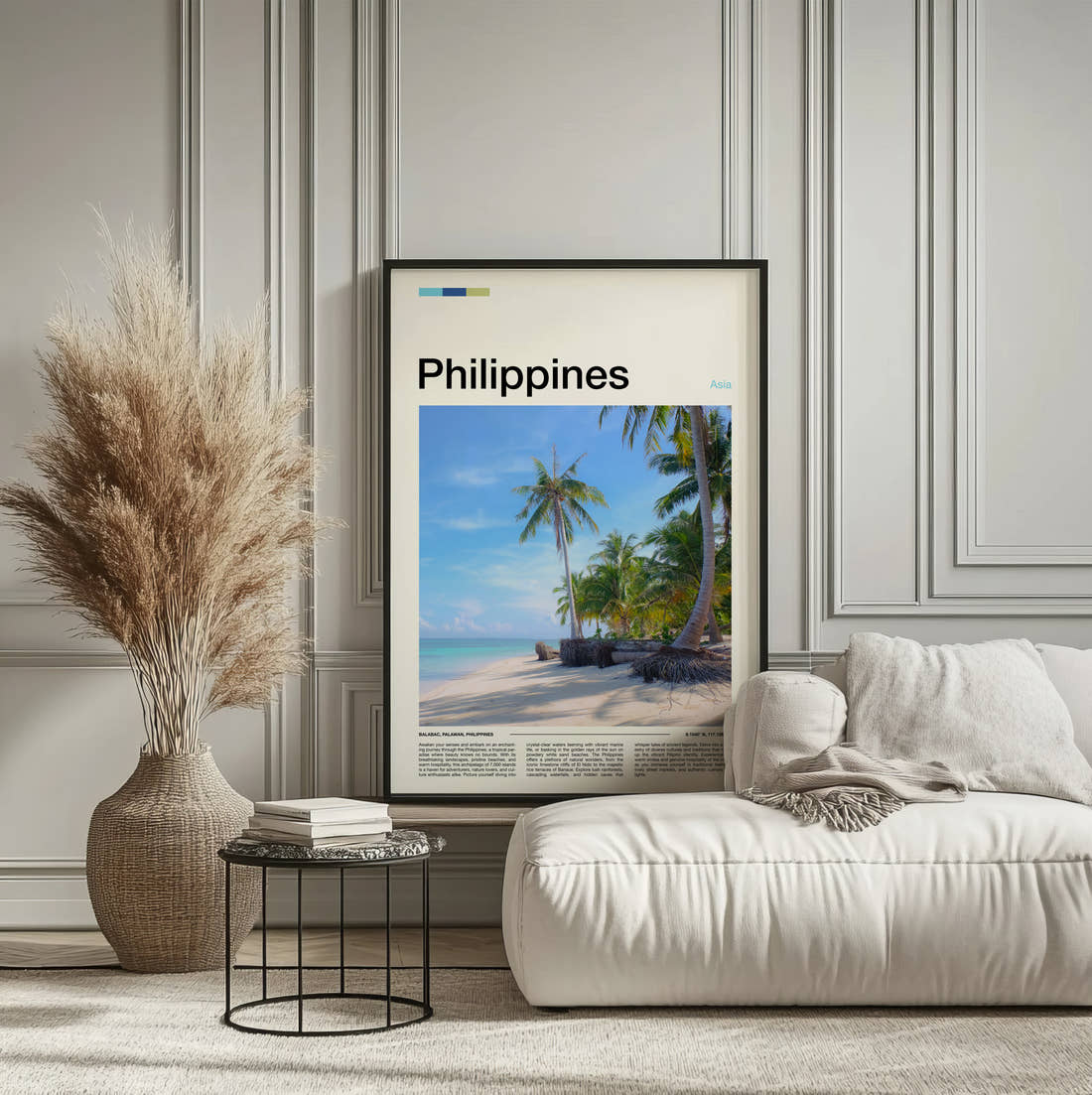 Philippines Palm Trees On The Beach Travel Print framed on the wall of a calm, neutral bedroom