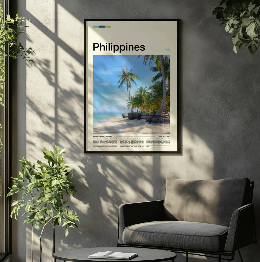 Philippines Palm Trees On The Beach Travel Print framed on the wall of a relaxed living room