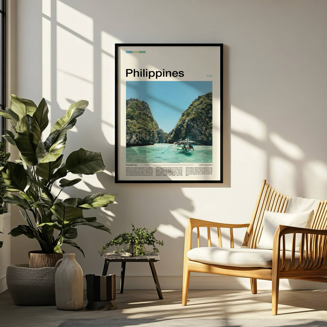 Philippines Outrigger Boat And Cliffs Travel Print framed on a pale wall beside houseplants